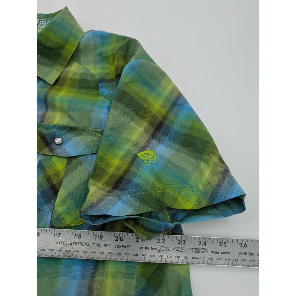 Mountain Hardwear Men's XL Plaid Snap Front Short Sleeve Hiking Shirt Green Blue - Picture 10 of 12